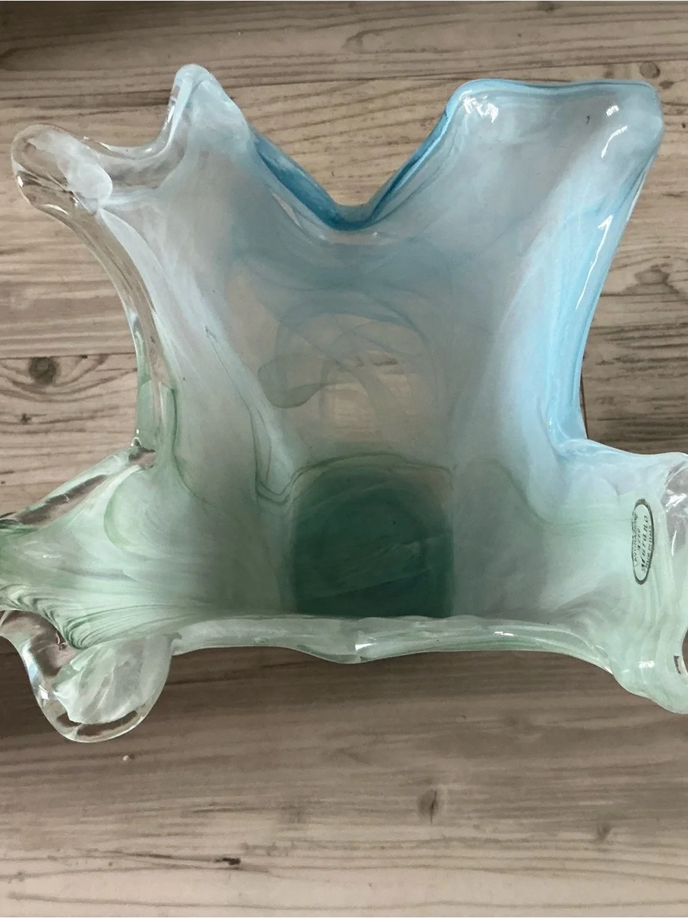 Vtg Lovarazione Art Murano glass aqua blue & green swirl ruffled vase Italy